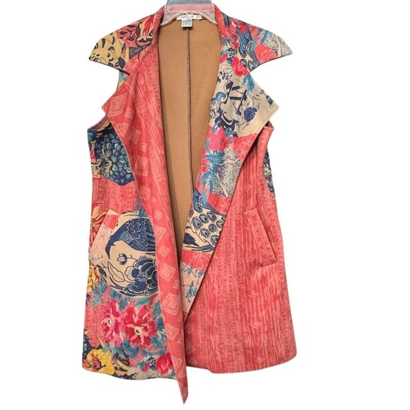 Feratelli Sleeveless Patchwork Vest Multicolor Floral Abstract Open Front M - Picture 1 of 13